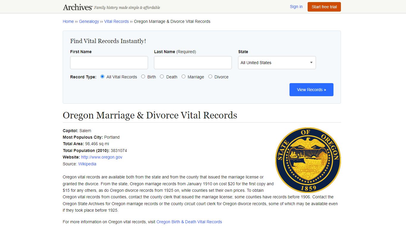 Oregon Marriage & Divorce Records | Vital Records - Archives.com